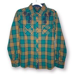 Cowgirl Up Size S Green Orange Plaid Western Snap Front Embroidered Button Down